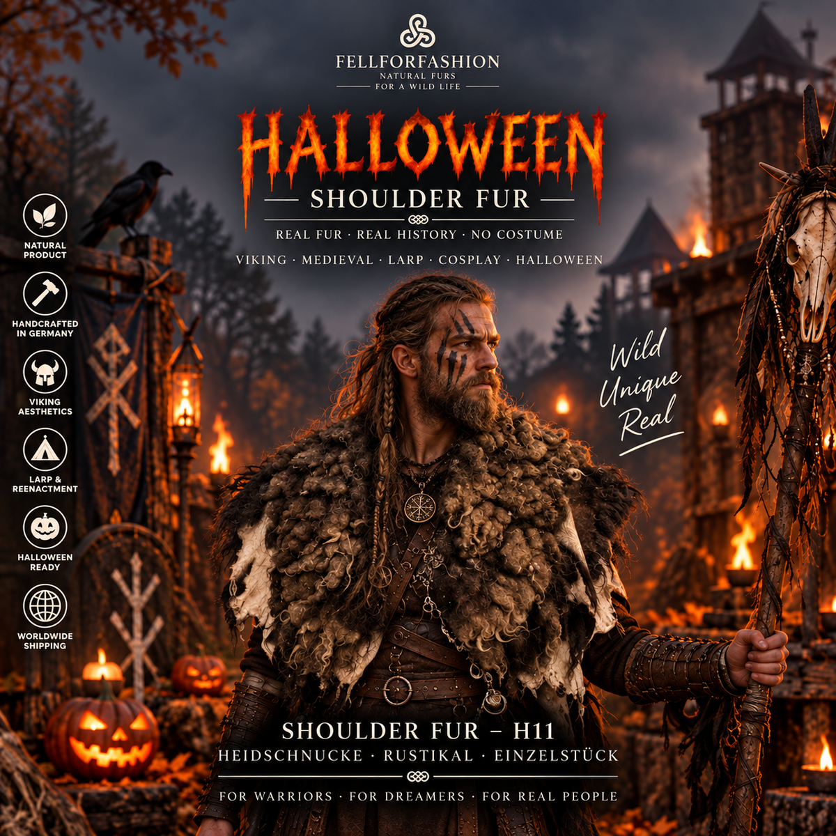 Viking Shoulder Fur Brown – Real Heidschnucke Sheepskin – Wikinger Schulterfell – Mittelalter Halloween – Einzelstück H11