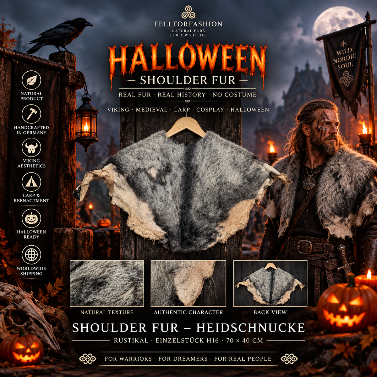 Viking Shoulder Fur Grey – Real Heidschnucke Sheepskin – Wikinger Schulterfell – Mittelalter Halloween – Einzelstück H16
