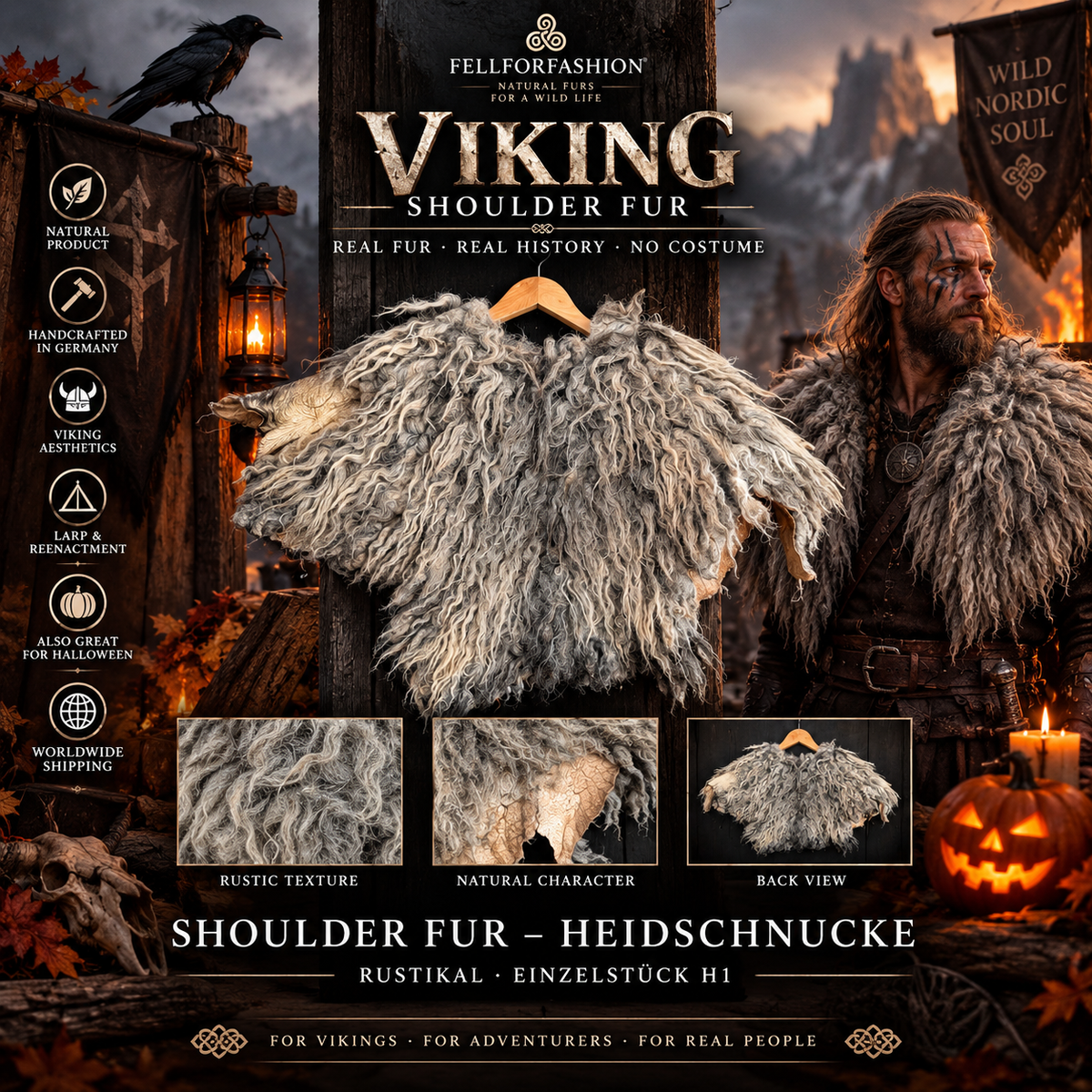 Viking Shoulder Fur Grey – Real Heidschnucke Sheepskin – Wikinger Schulterfell – Mittelalter Cosplay Halloween – Einzelstück H2