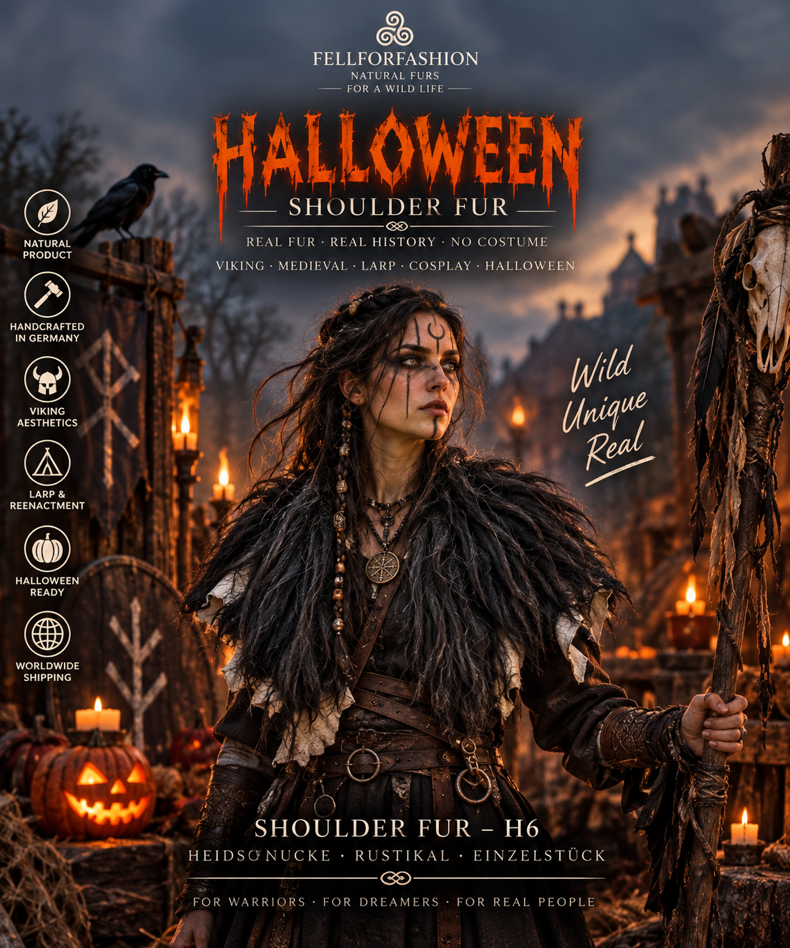 Viking Shoulder Fur Dark – Real Heidschnucke Sheepskin – Wikinger Schulterfell – Mittelalter Halloween – Einzelstück H6