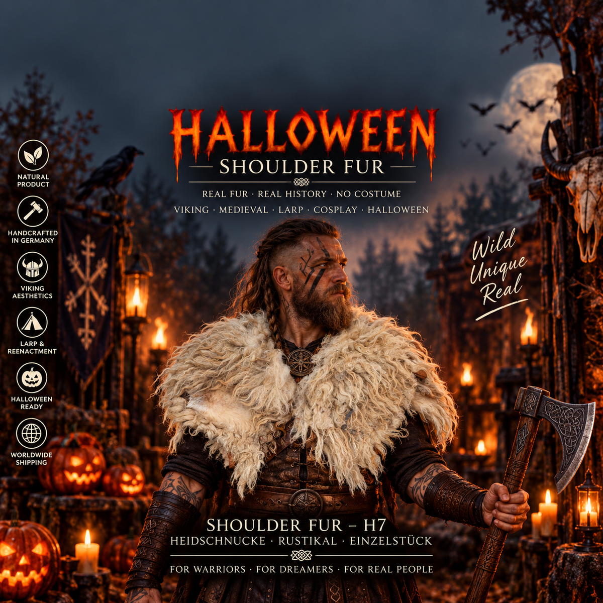 Viking Shoulder Fur Natural – Real Heidschnucke Sheepskin – Wikinger Schulterfell – Mittelalter – Einzelstück H7